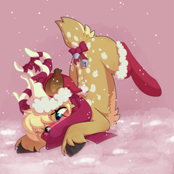 Size: 2500x2500 | Tagged: safe, artist:lionbun, deer, ass up, blushing, christmas, clothes, commission, cute, hat, holiday, male, ribbon, santa hat, scarf, snow, socks, ych result