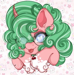 Size: 720x723 | Tagged: safe, artist:kayomii, oc, oc only, oc:berry breeze, pony, unicorn, curved horn, female, glasses, horn, mare, solo, tongue out, unshorn fetlocks