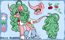 Size: 720x447 | Tagged: safe, artist:kayomii, oc, oc only, oc:berry breeze, pony, unicorn, clothes, curved horn, female, horn, leg warmers, leonine tail, mare, reference sheet, solo, tail