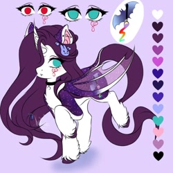 Size: 736x736 | Tagged: safe, artist:kayomii, oc, oc only, alicorn, bat pony, bat pony alicorn, pony, bat wings, choker, curved horn, ear piercing, earring, female, horn, jewelry, mare, piercing, reference sheet, solo, transparent wings, unshorn fetlocks, wings