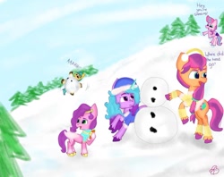 Size: 1080x857 | Tagged: safe, artist:heart k art, hitch trailblazer, izzy moonbow, misty brightdawn, pipp petals, sunny starscout, zipp storm, earth pony, pegasus, pony, unicorn, series:heart k art g5 advent calendar, g5, advent calendar, clothes, dialogue, female, horn, male, mane five, mane six (g5), mare, snow, snowball, snowman, stallion, winter, winter outfit