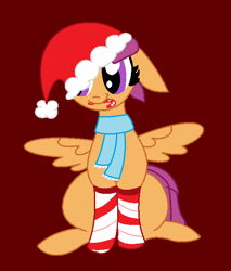 Size: 520x611 | Tagged: safe, artist:jadeharmony, artist:nei-bases, scootaloo, pegasus, pony, base used, candy, candy cane, christmas, christmas socks, clothes, cute, cutealoo, female, filly, foal, food, hat, holiday, mouth hold, santa hat, scarf, sitting, smiling, socks, spread wings, wings