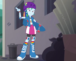 Size: 768x619 | Tagged: safe, artist:norfsd, rainbow dash, equestria girls, g4, alley, armband, boots, clothes, helmet, knee pads, rainbow socks, shoes, shoulder pads, skateboard, socks, striped socks, trash can