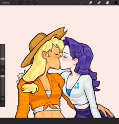 Size: 1962x2048 | Tagged: safe, artist:spiratorr, applejack, rarity, human, abs, applejack's hat, belly, belly button, blushing, clothes, cowboy hat, duo, duo female, eyes closed, female, flannel, freckles, hat, humanized, kissing, lesbian, midriff, ship:rarijack, shipping, shirt, short shirt, skirt