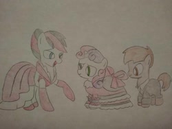 Size: 1040x780 | Tagged: safe, artist:arrowsweetie, button mash, sweetie belle, oc, oc:red arrow, earth pony, pegasus, pony, unicorn, g4, clothes, colt, cute, diasweetes, female, filly, foal, hair bun, horn, looking at each other, looking at someone, male, mare, ocbetes, open mouth, open smile, romeo and juliet, smiling, smiling at each other, suit, trio