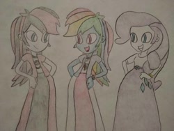 Size: 1040x780 | Tagged: safe, artist:arrowsweetie, rainbow dash, rarity, oc, oc:red arrow, human, equestria girls, g4, clothes, cute, dashabetes, female, grin, hand on hip, long skirt, looking at each other, looking at someone, ocbetes, open mouth, open smile, raribetes, skirt, smiling, smiling at each other, trio