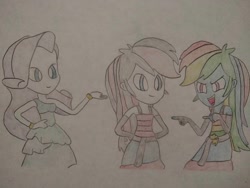 Size: 1040x780 | Tagged: safe, artist:arrowsweetie, rainbow dash, rarity, oc, oc:red arrow, human, equestria girls, g4, cute, dashabetes, fall formal outfits, female, hands behind back, looking at each other, looking at someone, ocbetes, open mouth, open smile, pointing, rainbow dash always dresses in style, raribetes, smiling, smiling at each other, trio