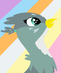 Size: 828x977 | Tagged: safe, artist:funny-arts, gabby, griffon, series:gabby griffon in daily activity, g4, beak, bust, cover art, female, implied applejack, implied fluttershy, implied mane six, implied pinkie pie, implied rainbow dash, implied rarity, implied twilight sparkle, open beak, open mouth, open smile, ponytail, portrait, smiling, solo