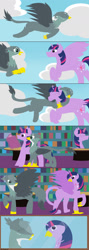 Size: 639x1800 | Tagged: safe, artist:funny-arts, gabby, twilight sparkle, alicorn, griffon, pony, series:gabby griffon in daily activity, g4, beak, book, cloud, colored hooves, colored wings, coloured muzzle, comic, duo, duo female, eyes closed, female, flying, folded wings, griffonized, hooves, hug, library, magic, magic aura, mare, mirror, open beak, open mouth, open smile, ponified, ponified gabby, ponytail, sky, smiling, species swap, spellbook, spread wings, table, twilight sparkle (alicorn), wings