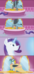 Size: 827x1750 | Tagged: safe, artist:funny-arts, part of a set, gabby, rarity, griffon, pony, unicorn, series:gabby griffon in daily activity, canterlot boutique, g4, my little pony: friendship is magic, beak, clothes, comic, dress, duo, duo female, female, flower, horn, indoors, magic, magic aura, mare, mirror, open beak, open mouth, open smile, part of a series, ponytail, rose, smiling, spread wings, wings