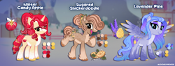 Size: 5274x2000 | Tagged: safe, artist:lovinglypromise, oc, oc only, oc:lavender pine, oc:sugared snickerdoodle, oc:winter candy apple, earth pony, pegasus, pony, unicorn, female, horn, mare