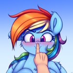 Size: 2500x2500 | Tagged: safe, artist:heavymetalbronyyeah, rainbow dash, human, pegasus, pony, blushing, boop, cute, dashabetes, disembodied hand, gradient background, hand, one ear down