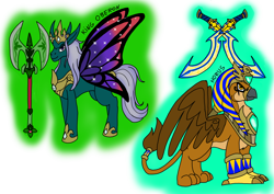 Size: 1414x1000 | Tagged: safe, artist:zetikoopa, oc, oc only, oc:horus, oc:king oberon, flutter pony, griffon, axe, battle axe, crown, egyptian, egyptian headdress, egyptian mythology, griffon oc, hoof shoes, horn, horn ring, horus, jewelry, khopesh, male, oberon, peytral, regalia, ring, stallion, sword, weapon