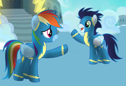 Size: 1280x868 | Tagged: safe, artist:soarindasher10, rainbow dash, soarin', pegasus, pony, clothes, female, male, mare, ship:soarindash, shipping, stallion, straight, uniform, wonderbolts, wonderbolts uniform