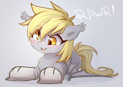 Size: 1323x935 | Tagged: safe, artist:chaosangeldesu, derpy hooves, bat pony, pony, g4, clothes, cute, female, rawr, smiling, socks, solo, solo female