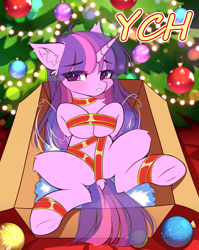 Size: 1260x1584 | Tagged: safe, artist:airiniblock, twilight sparkle, pony, box, christmas, christmas lights, christmas tree, commission, holiday, pony in a box, tree, ych sketch, your character here