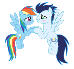 Size: 1280x1188 | Tagged: safe, artist:soarindasher10, rainbow dash, soarin', pegasus, pony, g4, blushing, female, flying, looking at each other, looking at someone, male, mare, ship:soarindash, shipping, simple background, smiling, smiling at each other, stallion, straight, transparent background