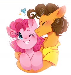 Size: 986x1030 | Tagged: safe, artist:melodylibris, cheese sandwich, pinkie pie, earth pony, pony, g4, alternate hairstyle, blush lines, blushing, bust, cheek kiss, clothes, collared shirt, colored pinnae, curly mane, cute, diacheeses, diapinkes, duo, duo male and female, eyes closed, female, floating heart, grin, heart, hug, kissing, leg blush, male, married couples doing married things, one eye closed, profile, ship:cheesepie, shipping, shirt, short mane, short mane pinkie pie, simple background, smiling, sprinkles in mane, straight, white background