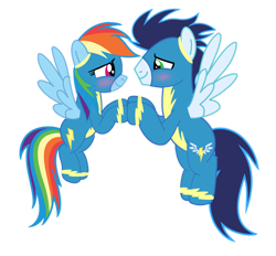 Size: 1280x1188 | Tagged: safe, artist:soarindasher10, rainbow dash, soarin', pegasus, pony, g4, blushing, clothes, female, flying, looking at each other, looking at someone, male, mare, ship:soarindash, shipping, simple background, smiling, smiling at each other, stallion, straight, transparent background, uniform, wonderbolts, wonderbolts uniform