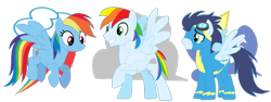 Size: 1024x387 | Tagged: safe, artist:mlpdisneylover, rainbow dash, soarin', oc, oc:storm cloud, pegasus, pony, g4, 2018, clothes, deviantart watermark, female, male, mare, obtrusive watermark, offspring, parent:rainbow dash, parent:soarin', parents:soarindash, ship:soarindash, shipping, simple background, stallion, straight, transparent background, uniform, watermark, wonderbolts uniform