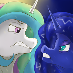 Size: 1800x1800 | Tagged: safe, artist:waspking, princess celestia, princess luna, alicorn, pony, g4, angry, constellation hair, duo, duo female, female, looking at each other, looking at someone, royal sisters, siblings, sisters