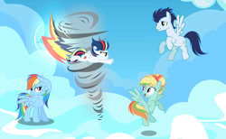 Size: 750x463 | Tagged: safe, artist:shadowandromedayt, rainbow dash, soarin', oc, oc:cloud wind, oc:tornado dash, pegasus, pony, female, filly, foal, male, mare, offspring, parent:rainbow dash, parent:soarin', parent:zephyr breeze, parents:soarindash, parents:zephdash, ship:soarindash, shipping, stallion, straight