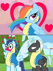 Size: 580x774 | Tagged: safe, artist:cookiebunbun27, rainbow dash, soarin', thunderlane, pegasus, pony, g4, blushing, crush, female, in love, male, mare, ship:soarindash, shipping, stallion, straight