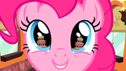 Size: 1920x1080 | Tagged: safe, screencap, pinkie pie, earth pony, pony, g4, mmmystery on the friendship express, my little pony: friendship is magic, season 2, cake, eye reflection, female, food, mare, marzipan mascarpone meringue madness, reflection, solo