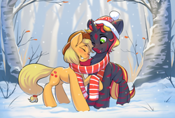 Size: 2970x2000 | Tagged: safe, artist:kittytitikitty, applejack, oc, earth pony, unicorn, blushing, canon x oc, forest, horn, nature, tree, winter