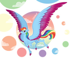 Size: 1000x800 | Tagged: safe, artist:xeon777art, rainbow dash, pegasus, pony, g4, colored hooves, colored wings, colored wingtips, female, flying, grin, hooves, mare, signature, smiling, solo, two toned wings, wings