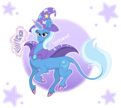 Size: 900x800 | Tagged: safe, artist:xeon777art, trixie, pony, unicorn, g4, cape, card, clothes, colored hooves, female, glowing, glowing horn, hat, hooves, horn, leonine tail, magic, mare, signature, smiling, solo, tail, telekinesis, trixie's cape, trixie's hat