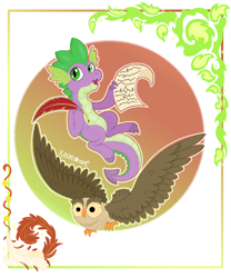 Size: 1000x1200 | Tagged: safe, artist:xeon777art, owlowiscious, spike, bird, dragon, owl, g4, baby, baby dragon, duo, male, quill, scroll, signature