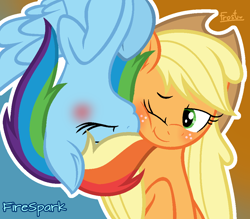 Size: 1000x876 | Tagged: safe, artist:firesparkmlp, applejack, rainbow dash, earth pony, pegasus, g4, blushing, female, kissing, lesbian, ship:appledash, shipping