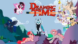 Size: 1433x806 | Tagged: safe, artist:klonray, oc, oc only, oc:colton whittles, oc:dima, oc:dream gray, oc:itssim, oc:krista pebble, oc:star reader, bird, earth pony, hybrid, kirin, owl, pegasus, pony, unicorn, adventure time, canterlot, canterlot castle, earth pony oc, female, horn, kirin oc, male, mare, parody, pegasus oc, pencil, stallion, stallion oc, unicorn oc