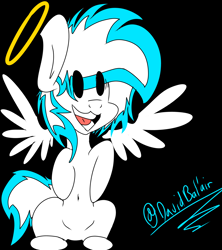 Size: 1600x1800 | Tagged: safe, artist:david_bal'air, oc, oc:known pony, angel, seraph, belly, belly button, excited, halo, multiple wings, sitting, smiling, spread wings, wide eyes, wings