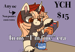 Size: 1548x1084 | Tagged: safe, artist:alleymutt, oc, pony, unicorn, alcohol, bottle, commission, drink, female, horn, hybrid oc, in my im fine era, mare, meme, mug, pouring, solo, whiskey, ych example, your character here