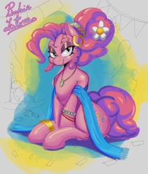 Size: 1700x2000 | Tagged: safe, artist:dominismortis, pinkie pie, earth pony, pony, g4, bracelet, ear piercing, earring, female, flower, flower in hair, hooped earrings, jewelry, latina pinkie pie, lidded eyes, looking at you, mare, necklace, piercing, shawl, sitting, smiling, smiling at you, solo