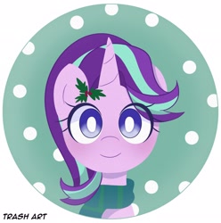 Size: 2028x2048 | Tagged: safe, artist:eltrash_art6, starlight glimmer, pony, unicorn, g4, blushing, christmas, clothes, cute, female, glimmerbetes, holiday, holly, holly mistaken for mistletoe, horn, icon, mare, scarf, snow, solo