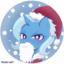 Size: 2028x2048 | Tagged: safe, artist:eltrash_art6, trixie, pony, unicorn, g4, blushing, christmas, clothes, costume, cute, diatrixes, fake beard, female, hat, holiday, horn, icon, mare, santa costume, santa hat, snow, solo