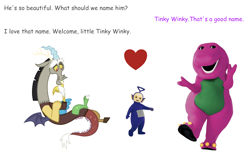 Size: 1814x1128 | Tagged: safe, discord, dinosaur, g4, barney the dinosaur, heart, parent, shipping, simple background, teletubbies, text, tinky winky, white background