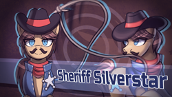 Size: 1920x1080 | Tagged: safe, artist:bkiltersot, sheriff silverstar, earth pony, pony, g4, clothes, danganronpa, hat, lasso, male, rope, scarf, solo, stallion, style emulation, text