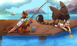 Size: 1280x774 | Tagged: safe, artist:malinraf1615, oc, oc only, oc:ospreay, oc:pavlos, fish, griffon, bandage, boat, bucket, duo, fishing rod, male, outdoors, pier, water