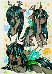 Size: 2782x3938 | Tagged: safe, artist:dariarchangel, queen chrysalis, butterfly, changeling, changeling queen, g4, >:), adorable face, big eyes, blushing, bust, c:, cheese, colored sclera, crooked horn, crown, cute, cute face, cute little fangs, cute smile, cutealis, daaaaaaaaaaaw, doodle, doodle page, ear blush, eyeshadow, fangs, female, floppy ears, food, gray coat, green eyes, hnnng, holes, holes in wings, horn, insect wings, jewelry, long hair, long mane, long tail, lying down, makeup, portrait, prone, queen chrysalis is not amused, raspberry, regalia, sketch, sketch dump, smiling, smol, solo, sparkles, squishy cheeks, standing, straight hair, straight mane, straight tail, tail, tongue out, too cute, torn wings, traditional art, transparent wings, unamused, weapons-grade cute, wings