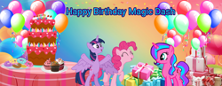 Size: 1000x387 | Tagged: safe, artist:lizzmcclin, pinkie pie, twilight sparkle, oc, oc:magic dash, alicorn, balloon, cake, food, happy birthday, present, twilight sparkle (alicorn)