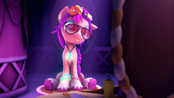 Size: 3840x2160 | Tagged: safe, artist:psfmer, sunny starscout, earth pony, pony, g5, 3d, alternate hairstyle, ear piercing, earring, female, flower, flower in hair, glasses, glow rings, glowstick, high res, jewelry, mare, piercing, solo, source filmmaker, tongue out, unshorn fetlocks