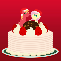 Size: 2160x2160 | Tagged: safe, anonymous artist, big macintosh, fluttershy, earth pony, pegasus, pony, series:fm holidays, series:hearth's warming advent calendar 2024, g4, advent calendar, alternate hairstyle, cake, cake topper, chocolate, christmas, christmas cake, duo, duo male and female, female, food, gradient background, happy hearth's warming, hat, hearth's warming, high res, holiday, lineless, looking at you, male, mare, pointy ponies, santa hat, ship:fluttermac, shipping, short mane, smiling, smiling at you, stallion, straight, strawberry