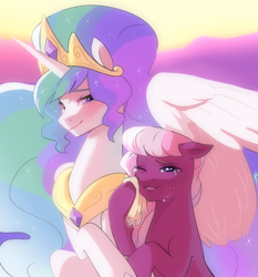 Size: 1493x1603 | Tagged: safe, artist:aztrial, cheerilee, princess celestia, alicorn, earth pony, pony, g4, alternate hairstyle, blushing, crown, crying, duo, duo female, female, grin, jewelry, lesbian, mare, one eye closed, regalia, ship:cheerilestia, shipping, smiling, tears of joy, tissue