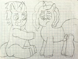 Size: 2692x2060 | Tagged: safe, artist:bitter sweetness, alphabittle blossomforth, misty brightdawn, pony, unicorn, g5, abdl, adult foal, diaper, diaper fetish, father and child, father and daughter, female, fetish, graph paper, horn, male, non-baby in diaper, poofy diaper, sketch