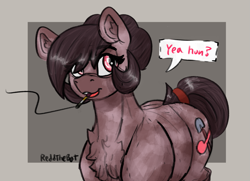 Size: 1599x1160 | Tagged: safe, artist:reddthebat, oc, oc only, oc:number nine, earth pony, pony, chest fluff, cigarette, dialogue, female, mare, passepartout, signature, smoking, solo, speech bubble