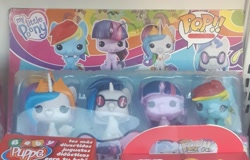 Size: 2129x1362 | Tagged: safe, dj pon-3, princess celestia, rainbow dash, twilight sparkle, vinyl scratch, alicorn, pegasus, unicorn, g4, bootleg, female, funko pop!, horn, my little poony, toy